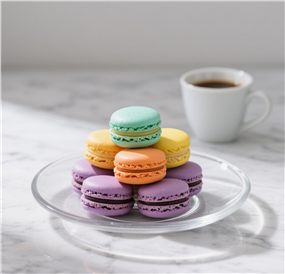 玻璃盘上摆放的彩色马卡龙图片